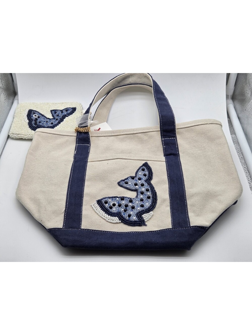 NWT TJ Maxx Canvas Whale Tote Bag Beaded Navy Beach Shopper Purse Zip Pouch - Picture 3 of 7